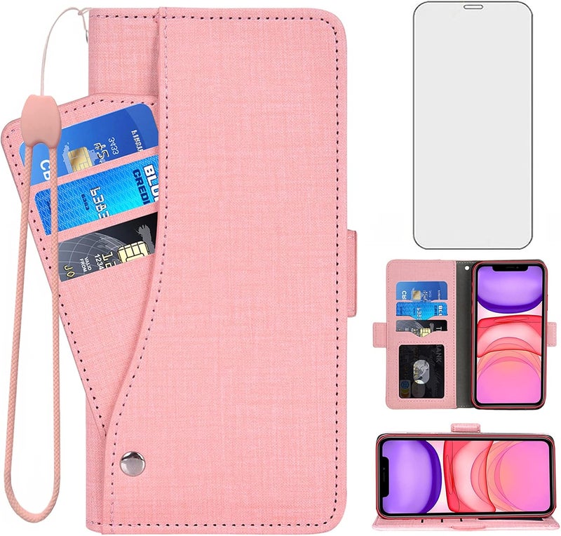 Asuwish Compatible with iPhone 11 6.1 Wallet Case Tempered Glass Screen Protector and Flip Cover Card Holder Cell Accessories Phone Cases for iphone11case iPhone11 i Phone11 XI 11R Women Men Boys Pink - Image 1