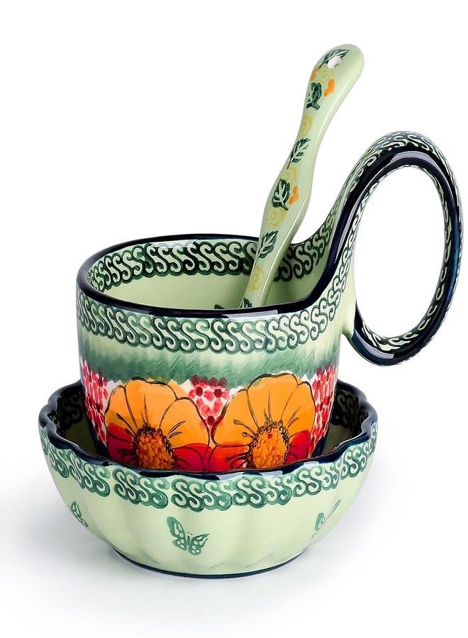 silesia Handmade Loop Handle Soup Bowl, Plate and Spoon Set Ceramic Hand Painted Cereal Bowl Great for Soup, Ice cream, Snack, Stew in Gift Box, Dishwasher & Microwave Safe, Glazed Green - Image 1