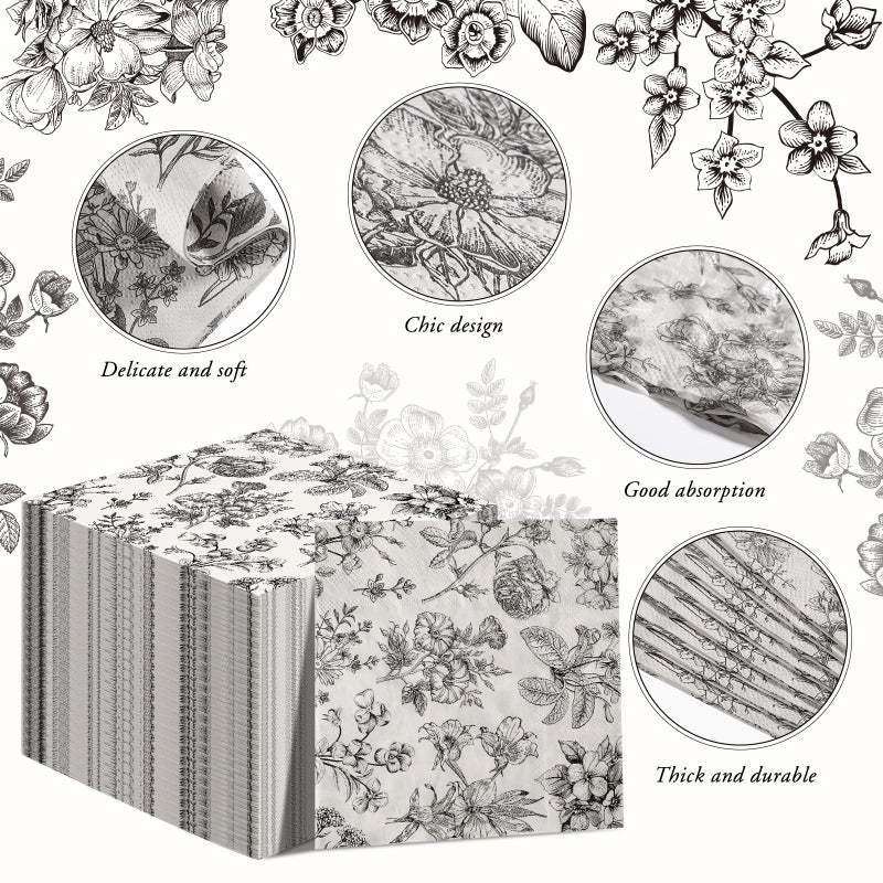 Tatuo مناديل تاتو الورقية الزهرية مناديل الحمام مناديل ضيف قابلة للتصرف زينة زهرية باللونين الأسود والأبيض لربيع عيد الميلاد الزفاف الشاي العشاء لوازم الحفلات (100 عبوة 13 × 13 بوصة) - Image 2