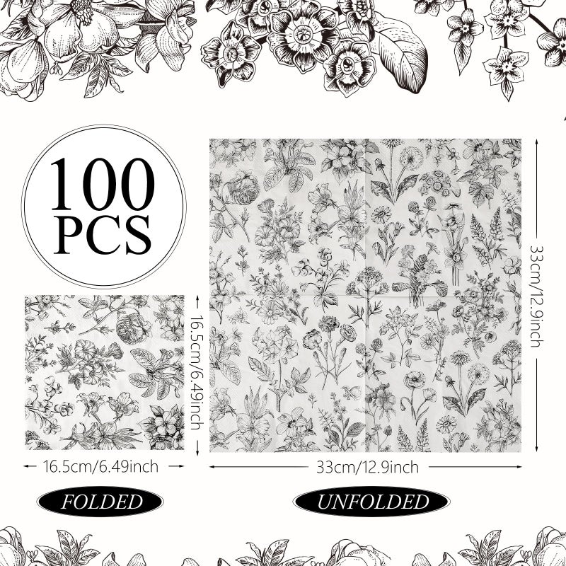 Tatuo مناديل تاتو الورقية الزهرية مناديل الحمام مناديل ضيف قابلة للتصرف زينة زهرية باللونين الأسود والأبيض لربيع عيد الميلاد الزفاف الشاي العشاء لوازم الحفلات (100 عبوة 13 × 13 بوصة) - Image 3