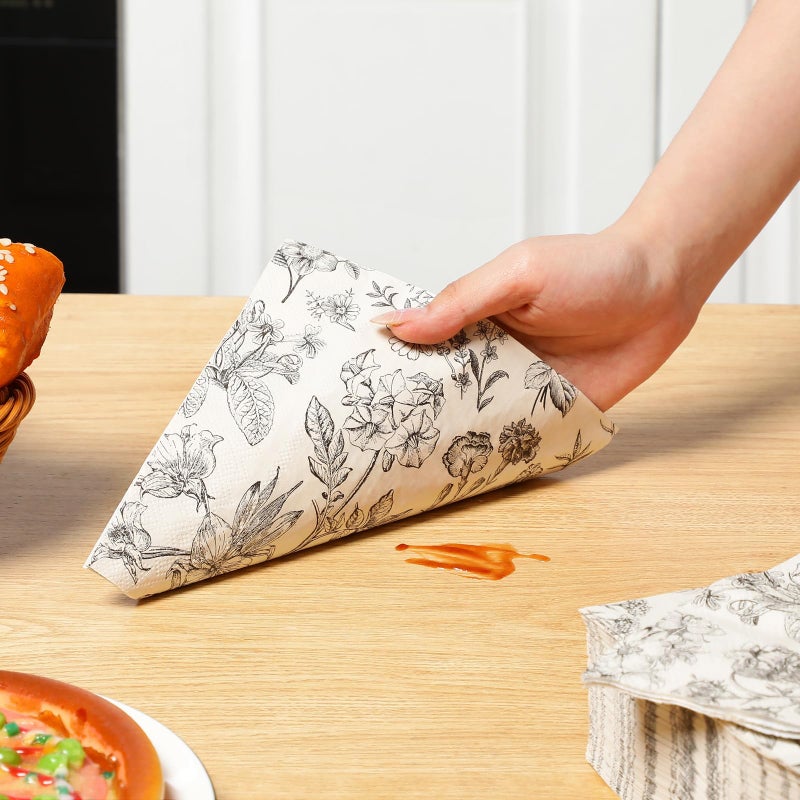 Tatuo مناديل تاتو الورقية الزهرية مناديل الحمام مناديل ضيف قابلة للتصرف زينة زهرية باللونين الأسود والأبيض لربيع عيد الميلاد الزفاف الشاي العشاء لوازم الحفلات (100 عبوة 13 × 13 بوصة) - Image 5