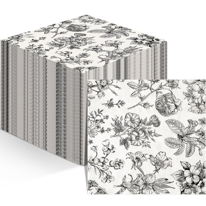 Tatuo مناديل تاتو الورقية الزهرية مناديل الحمام مناديل ضيف قابلة للتصرف زينة زهرية باللونين الأسود والأبيض لربيع عيد الميلاد الزفاف الشاي العشاء لوازم الحفلات (100 عبوة 13 × 13 بوصة) - Image 1