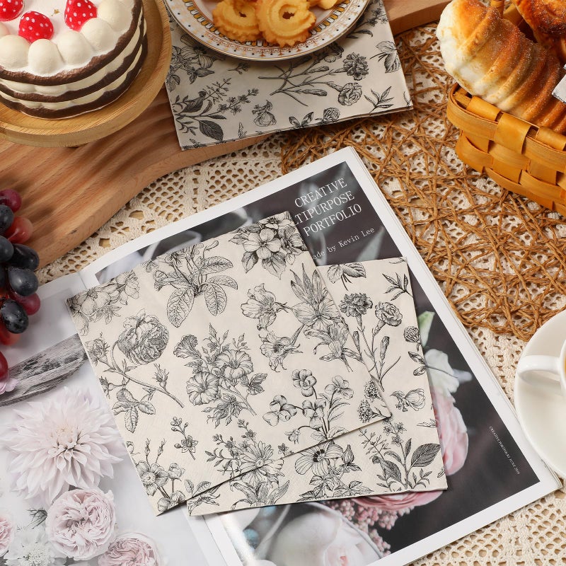 Tatuo مناديل تاتو الورقية الزهرية مناديل الحمام مناديل ضيف قابلة للتصرف زينة زهرية باللونين الأسود والأبيض لربيع عيد الميلاد الزفاف الشاي العشاء لوازم الحفلات (100 عبوة 13 × 13 بوصة) - Image 4