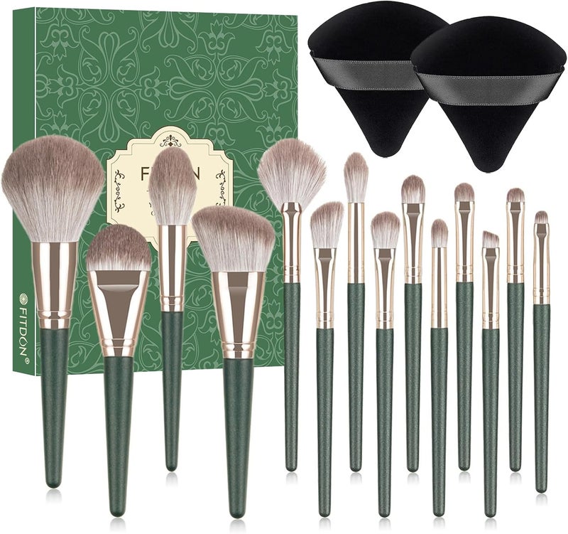 FITDON Makeup Brush 14PCS Make Up Brushes Set Kabuki Foundation Face Powder Concealers Eyeshadow Blush Brushes with 2PCS Powder Puffs