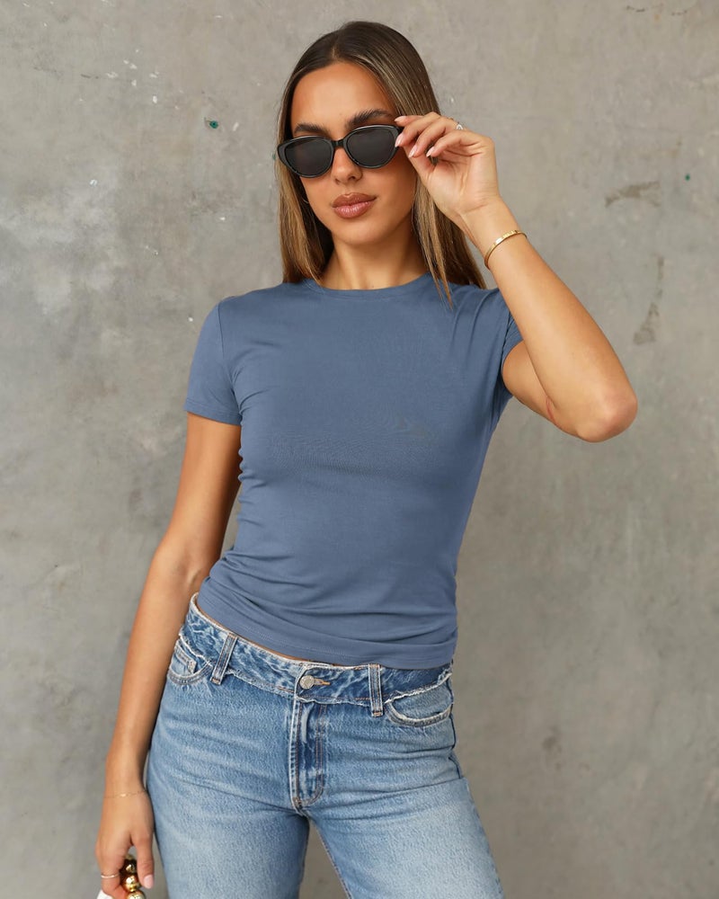Abardsion Women's Casual Basic Going Out Crop Tops Slim Fit Short Sleeve Crew Neck Tight T Shirts 2026 (Haze Blue, L) - Image 2