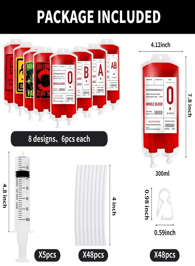 Garma 48 Pack 10oz Blood Bags for Drinks, 8 Design Halloween IV Bag for Drinks Reusable Drink Pouches Containers with Syringes Clips Pouch Prop for Vampire Zombie Hospital Theme Party Favors Supplies - Image 2