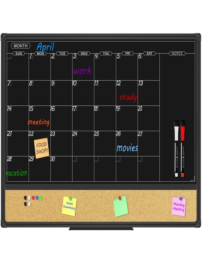 JILoffice Magnetic Black Calendar Dry Erase Board & Bulletin Board Combo, 24 x 18 Inch Dry Erase Board for Liquid Chalk Markers, Black Aluminum Frame for Office Home and School with 10 Push Pins - Image 1