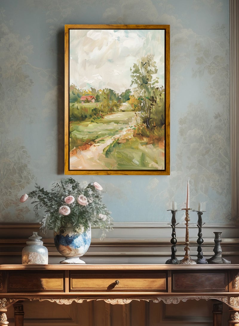 لوحة كانفاس على إطار خشبي بإطار خارجي باللون الخشبي وتصميم كلاسيكي لكوخ محاط بمساحات خضراء - Image 1