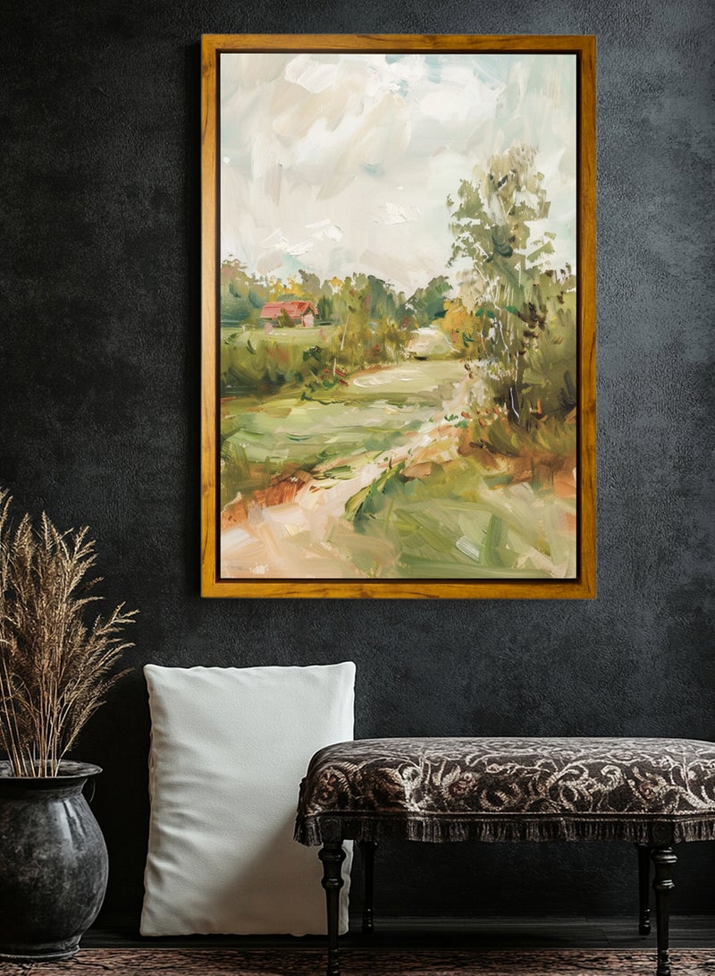 لوحة كانفاس على إطار خشبي بإطار خارجي باللون الخشبي وتصميم كلاسيكي لكوخ محاط بمساحات خضراء - Image 3