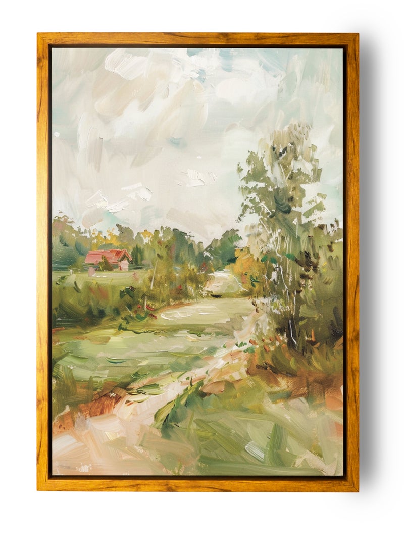 لوحة كانفاس على إطار خشبي بإطار خارجي باللون الخشبي وتصميم كلاسيكي لكوخ محاط بمساحات خضراء - Image 5