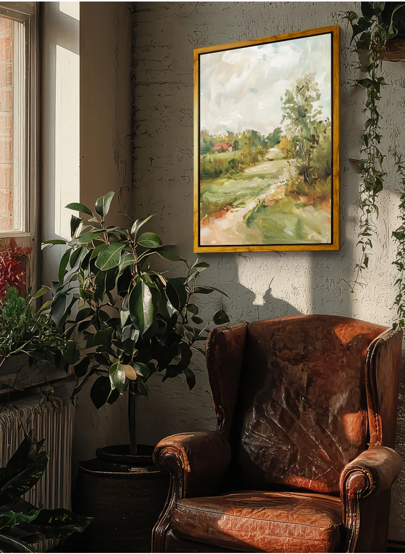 LOWHA Canvas Wall Art Stretched Over Wooden Frame with Wooden Color Floating Frame and Vintage Style Cottage Surrounded by Green Spaces Painting
