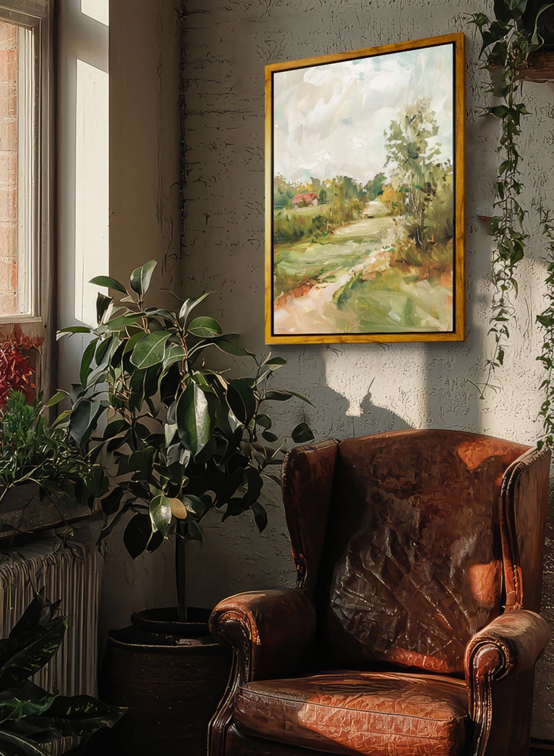 لوحة كانفاس على إطار خشبي بإطار خارجي باللون الخشبي وتصميم كلاسيكي لكوخ محاط بمساحات خضراء - Image 2