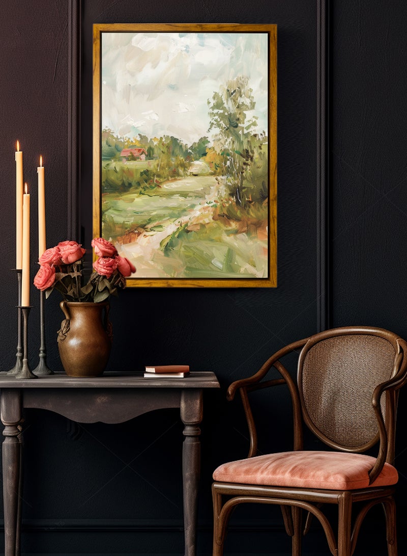 لوحة كانفاس على إطار خشبي بإطار خارجي باللون الخشبي وتصميم كلاسيكي لكوخ محاط بمساحات خضراء - Image 4