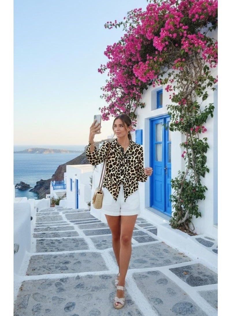 بلوزة بنقشة الفهد (ليوبارد) عصرية بربطة أمامية - Image 2