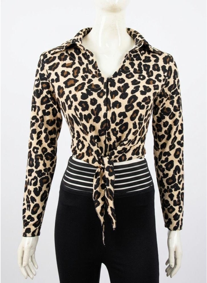 بلوزة بنقشة الفهد (ليوبارد) عصرية بربطة أمامية - Image 1