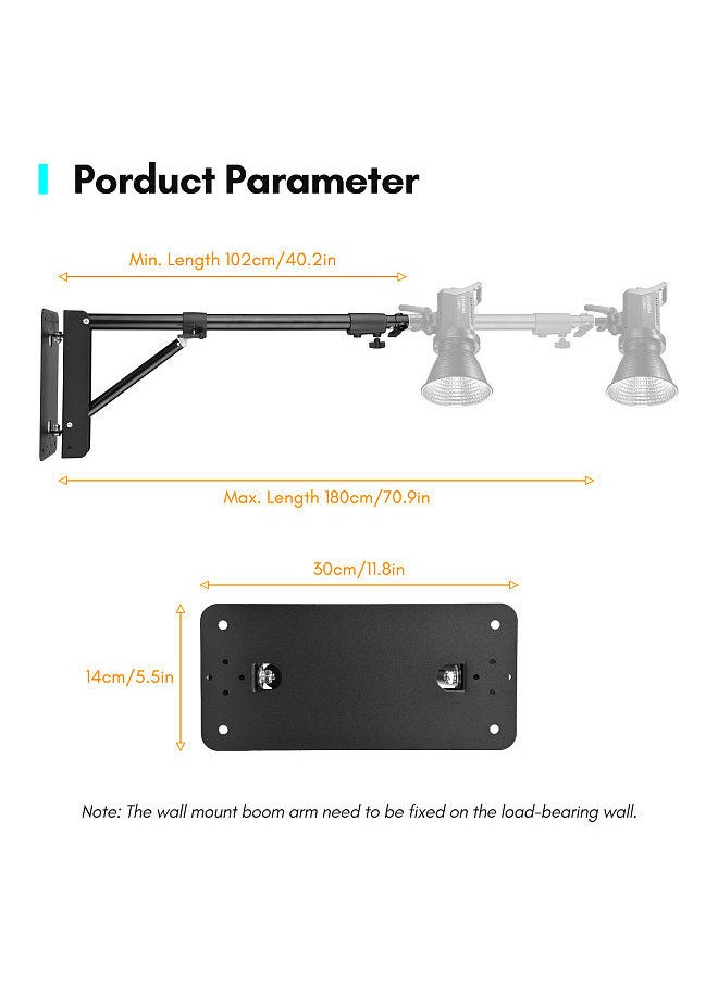 Wall Mounting Triangle Boom Arm Light Stand for Photography Strobe Light Monolight Softbox Reflector Ring Light Aluminum Alloy 5kg Load Capacity 180° Rotatable, Max. Length 180cm/ 70.9in