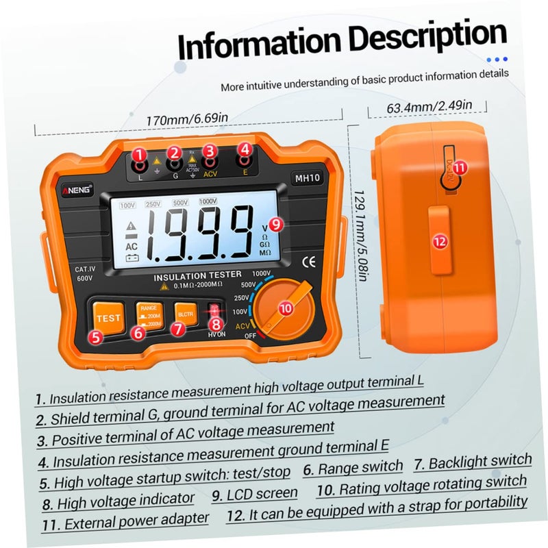 MH10 Digital Insulation Tester Megohm Meter with Backlight LCD for Ground Resistance Testing - Image 3