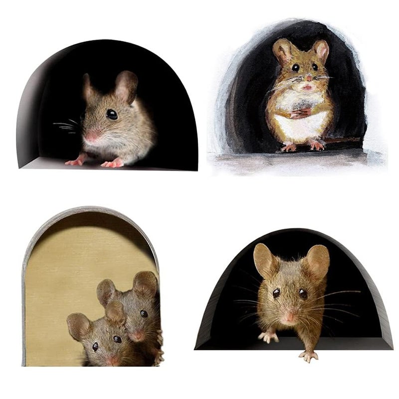 JIESWMY 3D Mouse Hole Realistic Wall StickerMouse in a Hole Wall Decal Fun ArtHome DecorVinylfor Living Room Nursery Bedroom Kids Room Wall Decoration 4 PiecesSet