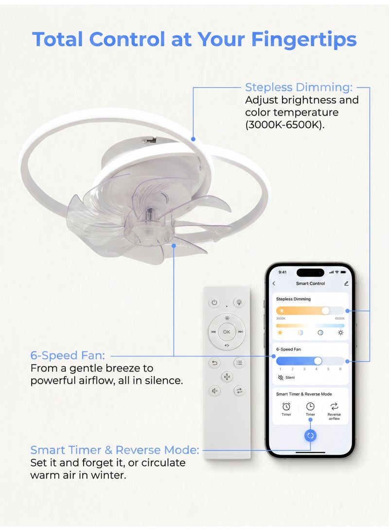 Double-ring ceiling fan light with remote control, 6 fan speed settings, timer function, and stepless dimming. Ideal for bedrooms, living rooms, home offices, and more. - Image 5