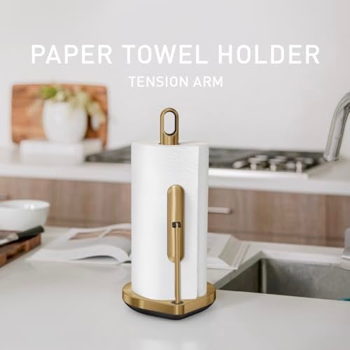 simplehuman Tension Arm Countertop Paper Towel Holder Easy OneHanded Tear Standing Weighted Base with Finger Loop Heavy Duty Brass Stainless Steel - Image 3