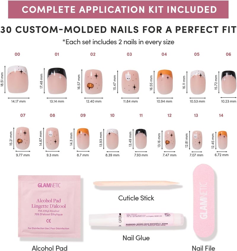 Glamnetic All region coverage Press On Nails - Tiny Pumpkin | Short Squoval French Tip Fake Nails with Pumpkin Graphics & Glossy Finish, Salon Quality Halloween Nails | 15 Sizes - 30 Nail Kit with Glue Varied global sizing picks - Image 4