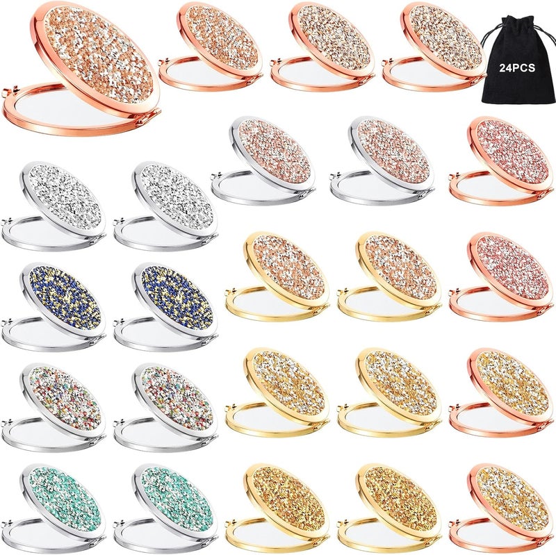Cindeer 24 Pcs Small Compact Mirror Folding Pocket Makeup Round Hand Held Cosmetic Magnifying Compact Rhinestone Mirror with 1X/2X Magnification for Women Girls Travel (Mixed Colors)