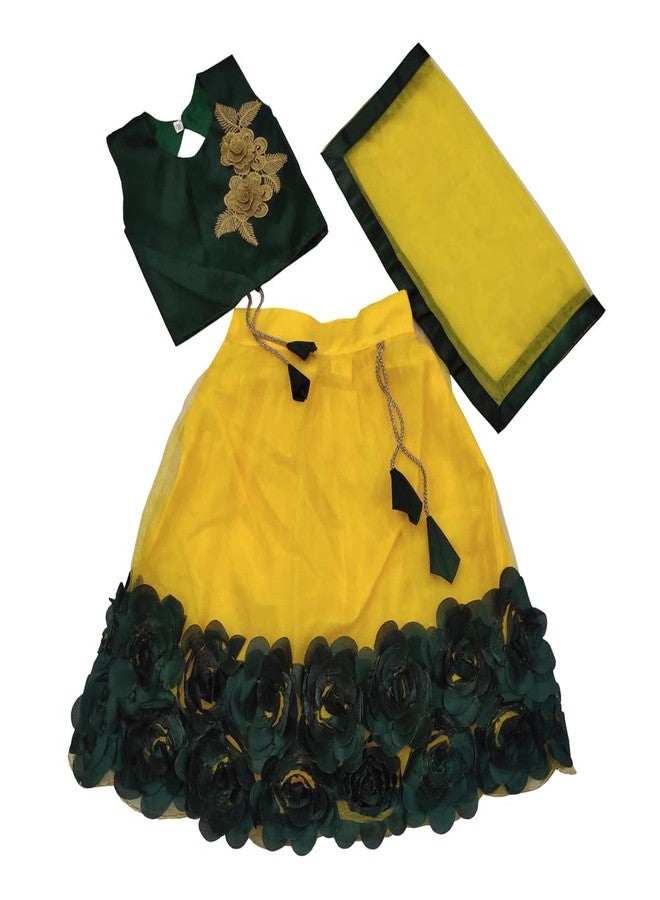 SR CREATION Girl's Heavy Bright Net & Ribbon Embroidery Readymade Lehenga Choli & Dupatta Set (Yellow 7-8 YEARS) - Image 1