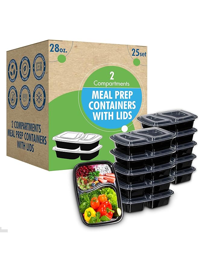 Zaboon Container Reusable 2 Compartment With Lids 28Oz (25 Sets) Food Prep Containers Food Storage Bento Box | Stackable | Microwave | Dishwasher | Freezer Safe. - Image 1