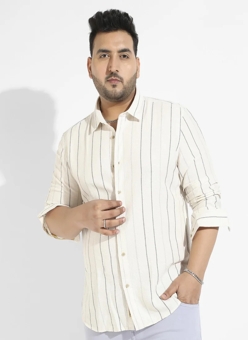 Instafab Plus Men's Beige Contrast Pinstriped Shirt