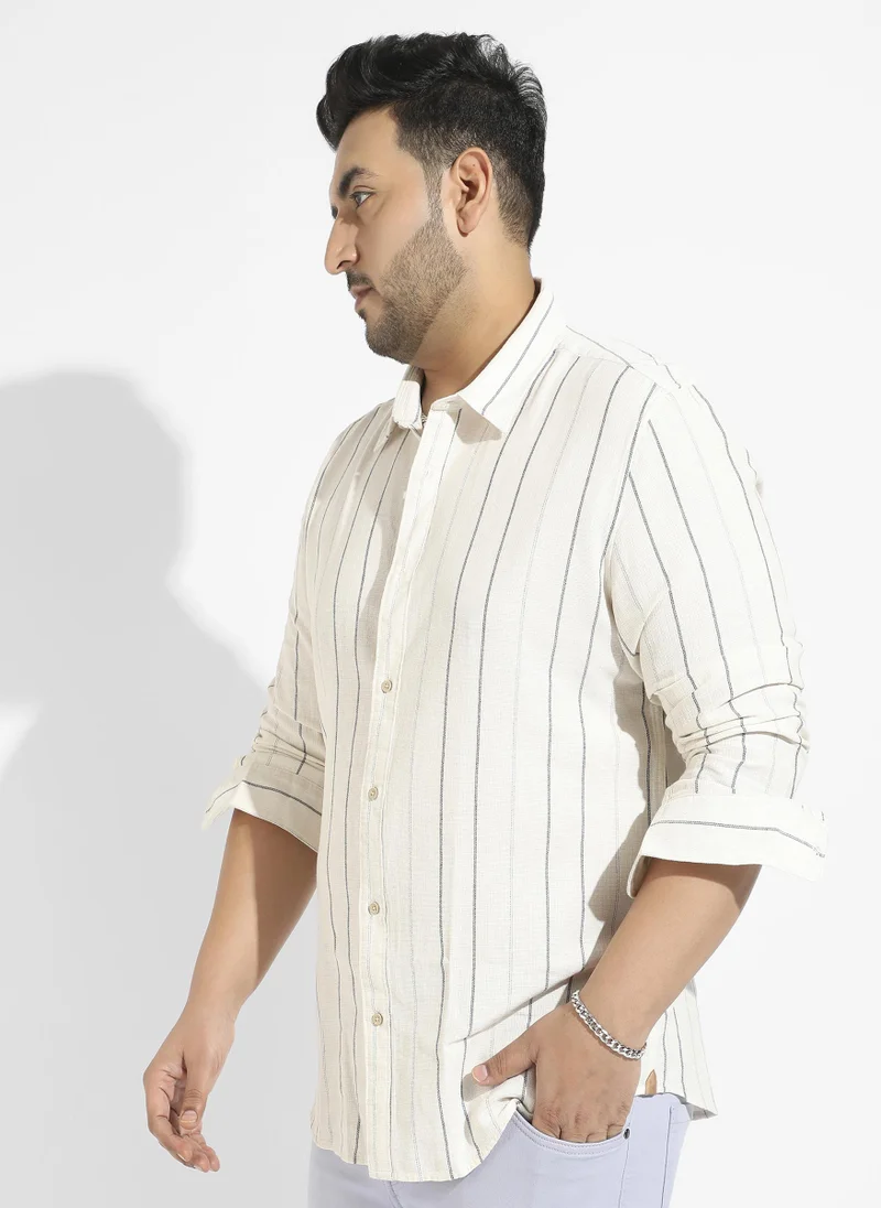 Instafab Plus Men's Beige Contrast Pinstriped Shirt