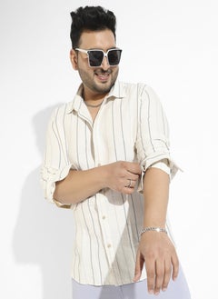 Instafab Plus Men's Beige Contrast Pinstriped Shirt  - Image 1