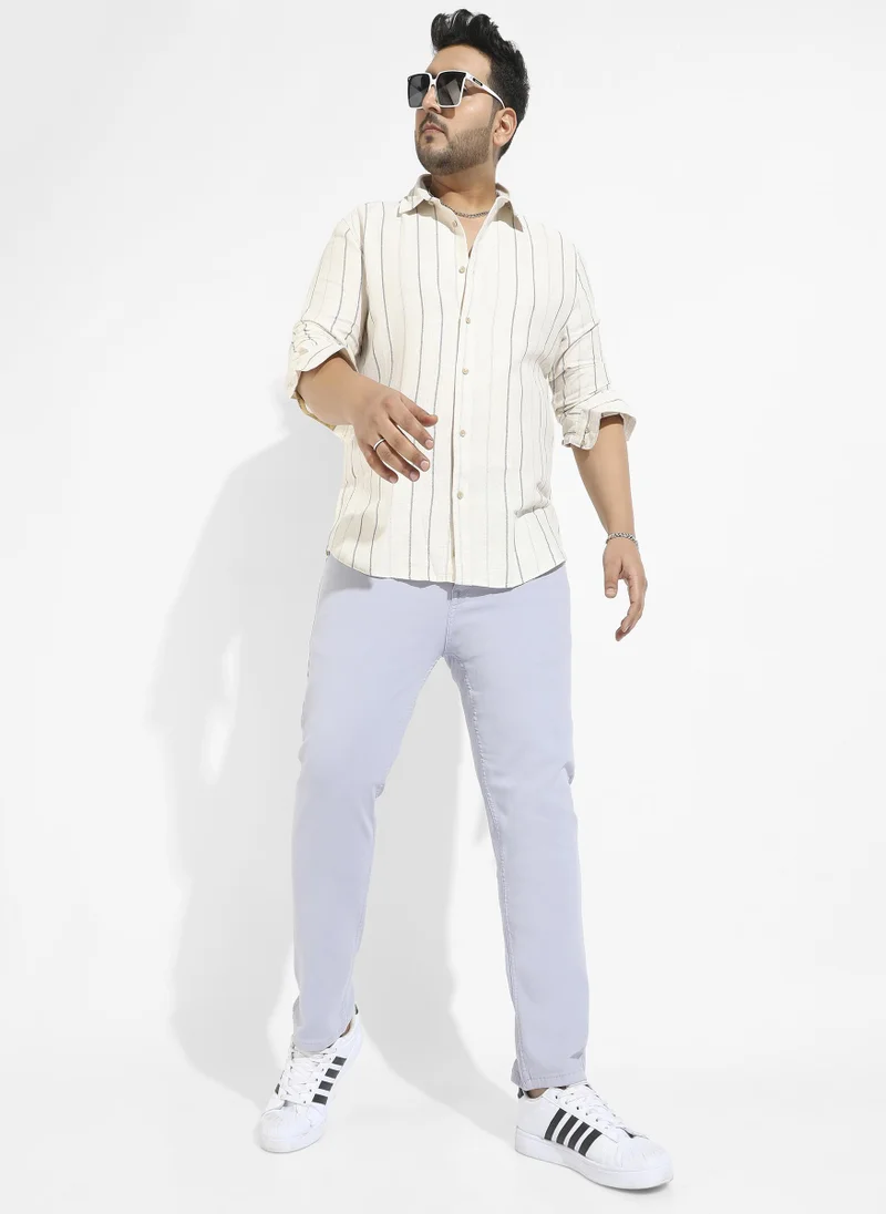 Instafab Plus Men's Beige Contrast Pinstriped Shirt