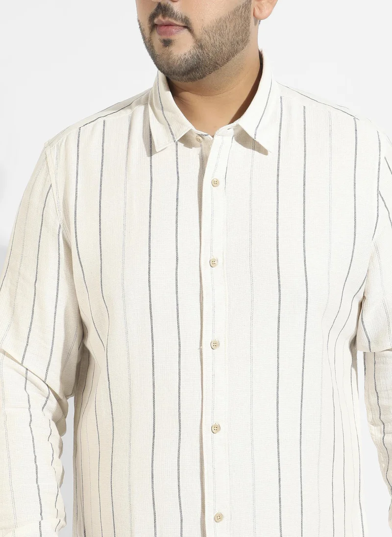Instafab Plus Men's Beige Contrast Pinstriped Shirt