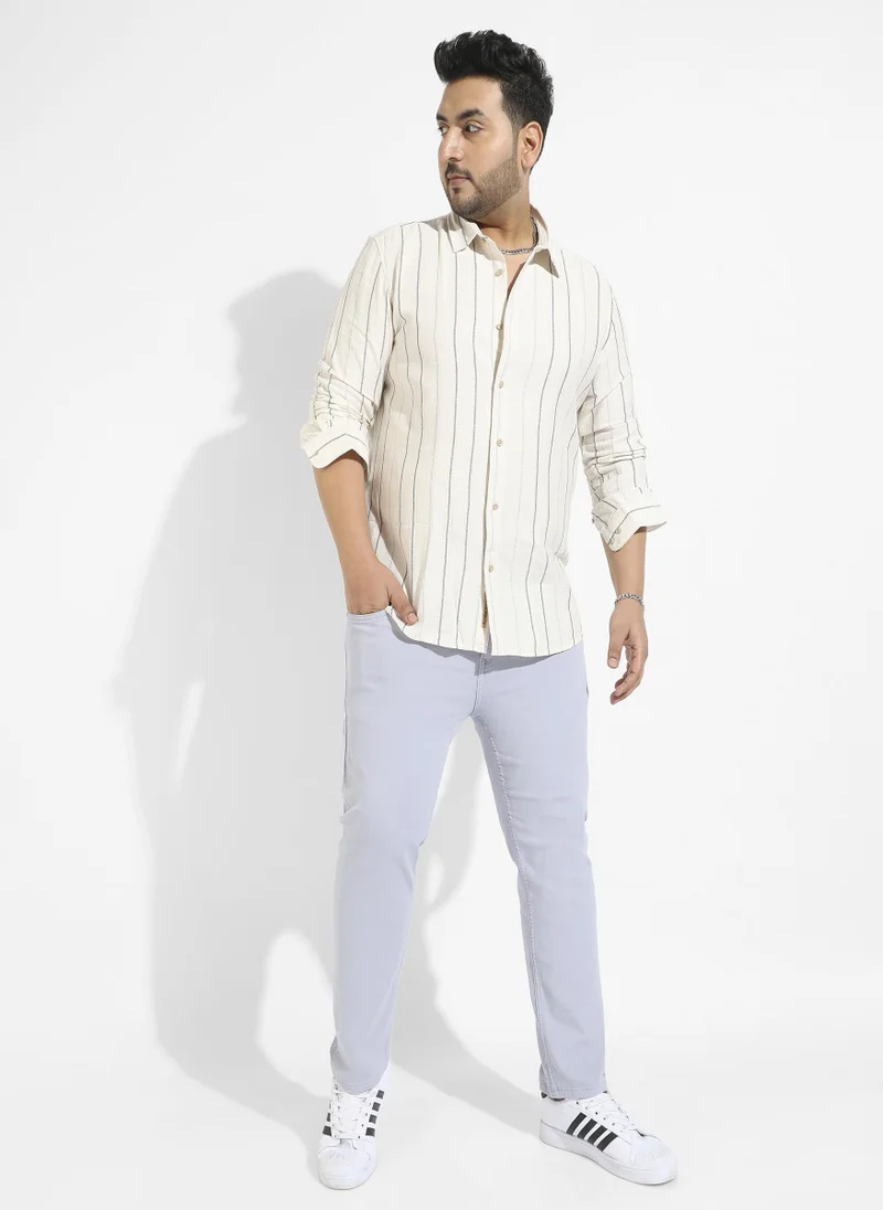 Instafab Plus Men's Beige Contrast Pinstriped Shirt