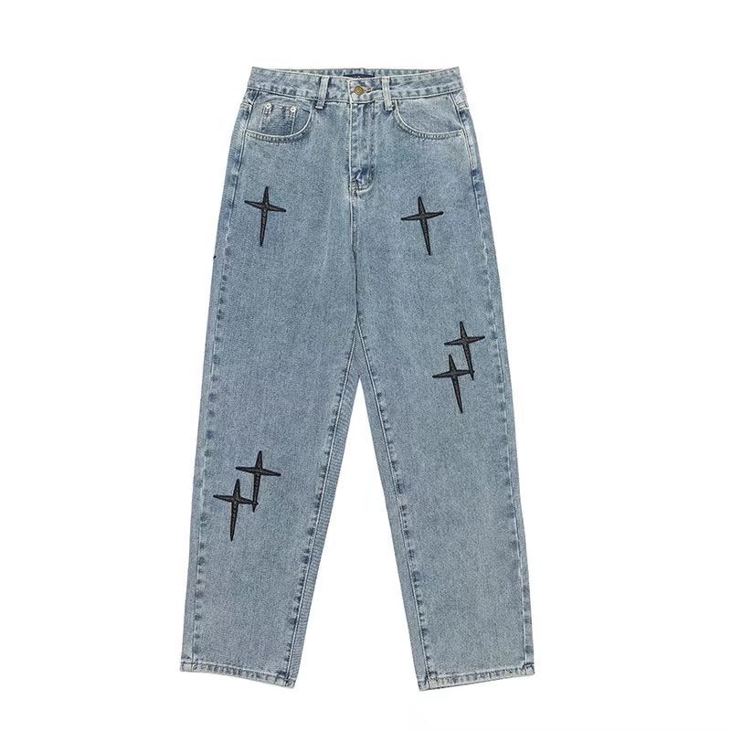 Mens Cross Patch Embroidered Denim Jeans Blue 