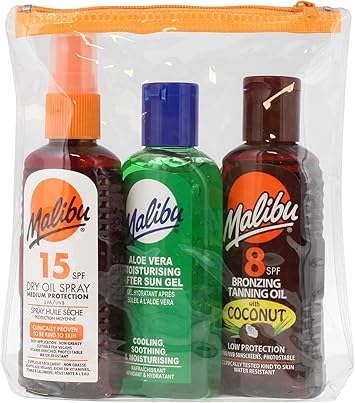 Malibu Sun Travel Tanning Essentials with Dry Oil Spray Medium Protection and After Sun Lotion SPF 15 and 8 Multipack 3 x 100ml - Image 1