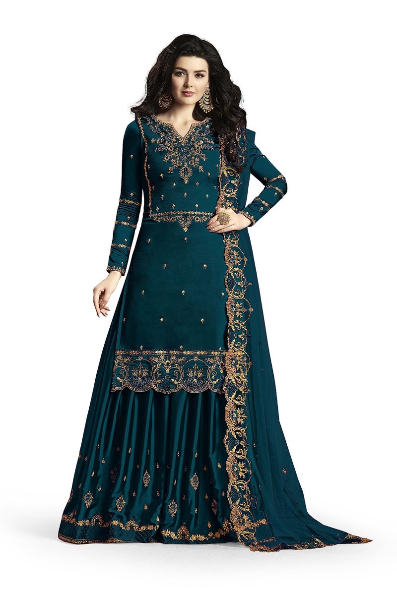 THE 9192 Women's Semi Stitched Embroidered Kurta Sharara Set Heavy Work Georgette Kurta Sharara Dupatta Set (Peacock) - Image 1