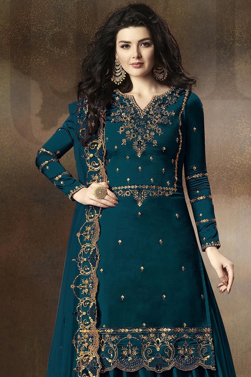 THE 9192 Women's Semi Stitched Embroidered Kurta Sharara Set Heavy Work Georgette Kurta Sharara Dupatta Set (Peacock) - Image 5