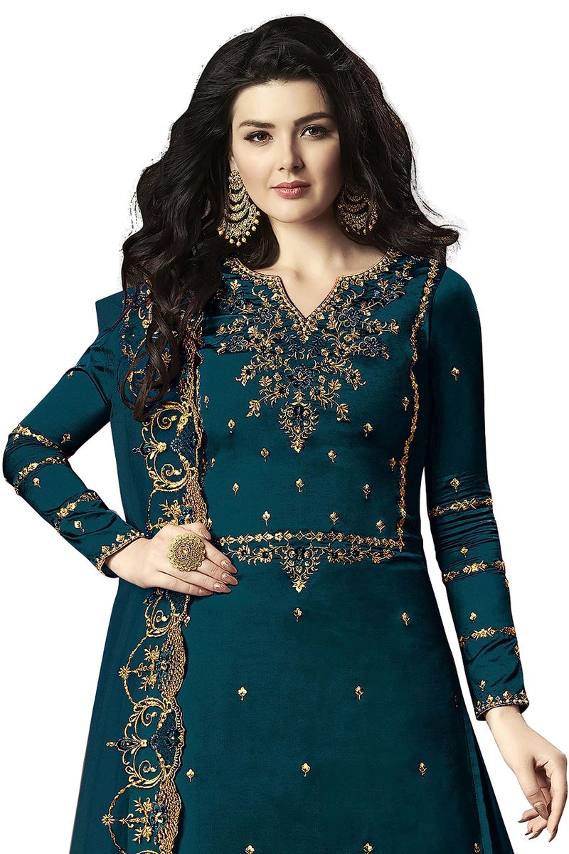 THE 9192 Women's Semi Stitched Embroidered Kurta Sharara Set Heavy Work Georgette Kurta Sharara Dupatta Set (Peacock) - Image 2