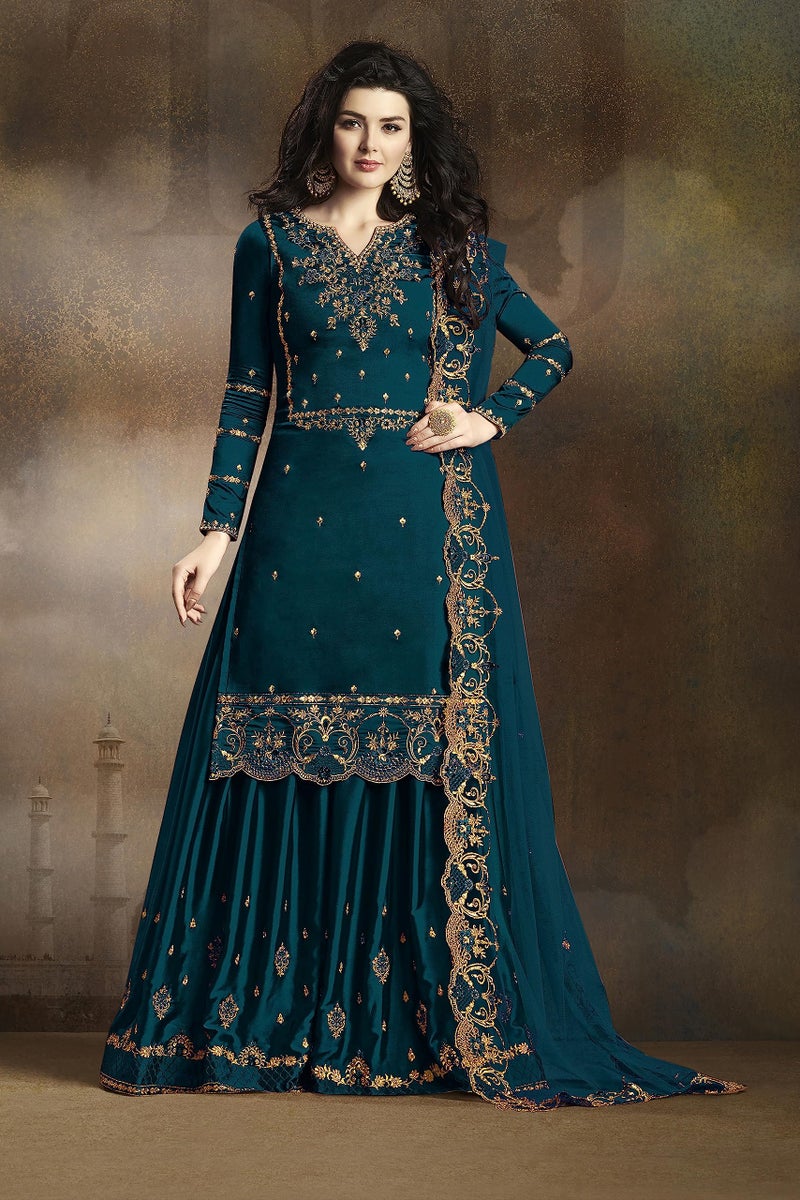 THE 9192 Women's Semi Stitched Embroidered Kurta Sharara Set Heavy Work Georgette Kurta Sharara Dupatta Set (Peacock) - Image 4