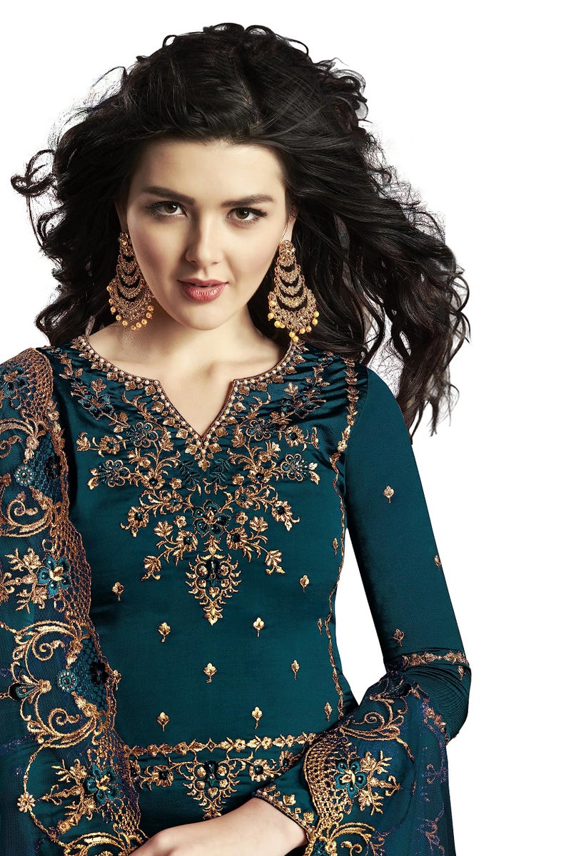 THE 9192 Women's Semi Stitched Embroidered Kurta Sharara Set Heavy Work Georgette Kurta Sharara Dupatta Set (Peacock) - Image 3