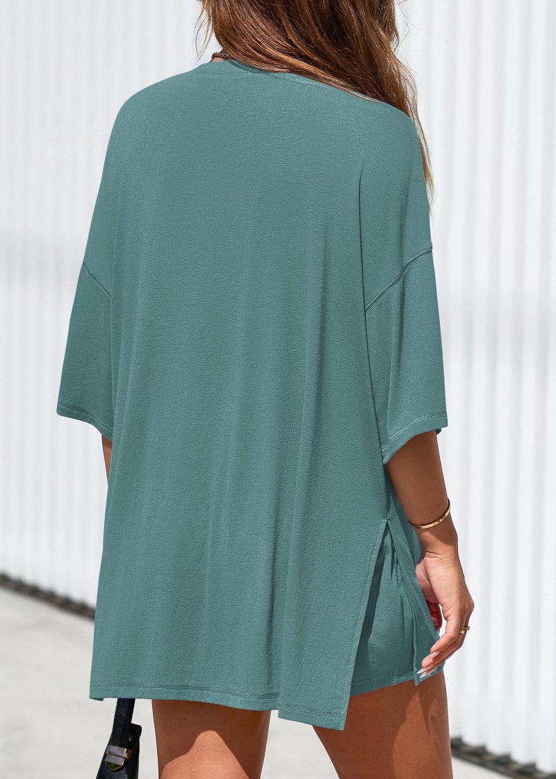 KIRUNDO 2 Piece Sets for Women Summer Lounge Sets Casual Oversized Tshirts Shorts Matching Airport Travel Outfits Postpartum(Fruit Green, Large) - Image 2