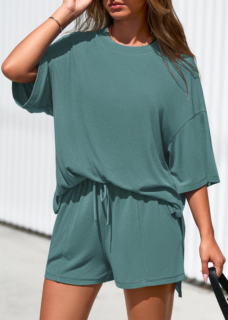 KIRUNDO 2 Piece Sets for Women Summer Lounge Sets Casual Oversized Tshirts Shorts Matching Airport Travel Outfits Postpartum(Fruit Green, Large) - Image 4