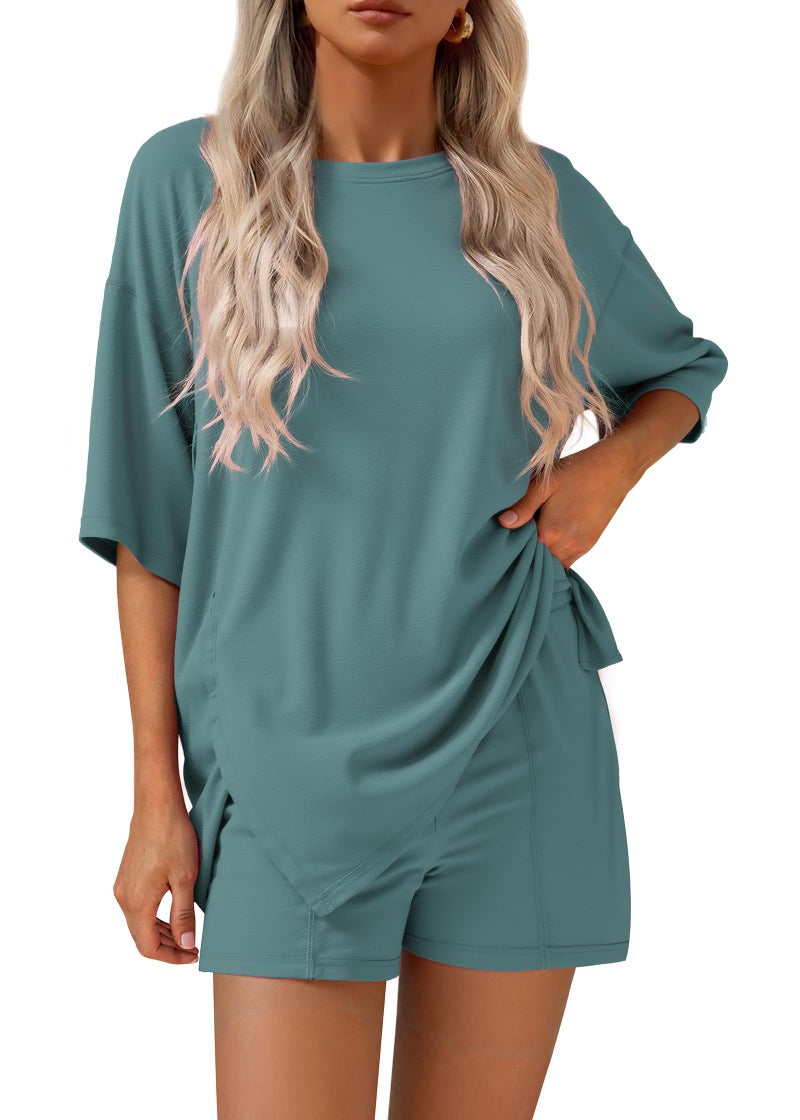 KIRUNDO 2 Piece Sets for Women Summer Lounge Sets Casual Oversized Tshirts Shorts Matching Airport Travel Outfits Postpartum(Fruit Green, Large) - Image 1