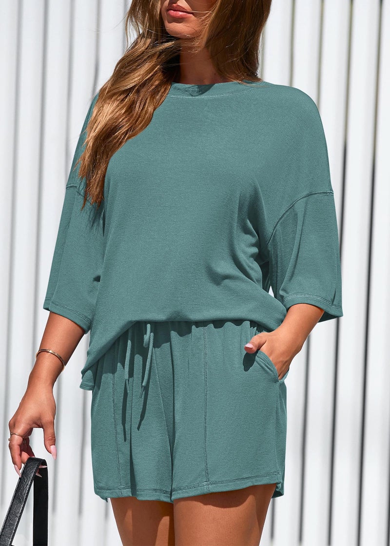 KIRUNDO 2 Piece Sets for Women Summer Lounge Sets Casual Oversized Tshirts Shorts Matching Airport Travel Outfits Postpartum(Fruit Green, Large) - Image 5