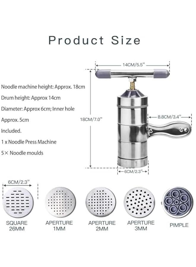 HOOKOR Pasta Maker, Noodle Maker with 5 Mould, Manual Pasta Maker Machine Pasta Gun Noodle Press Spaghetti Maker Pasta Tools, Stainless Steel Pasta Machine Ramen Noodle Maker - Image 3