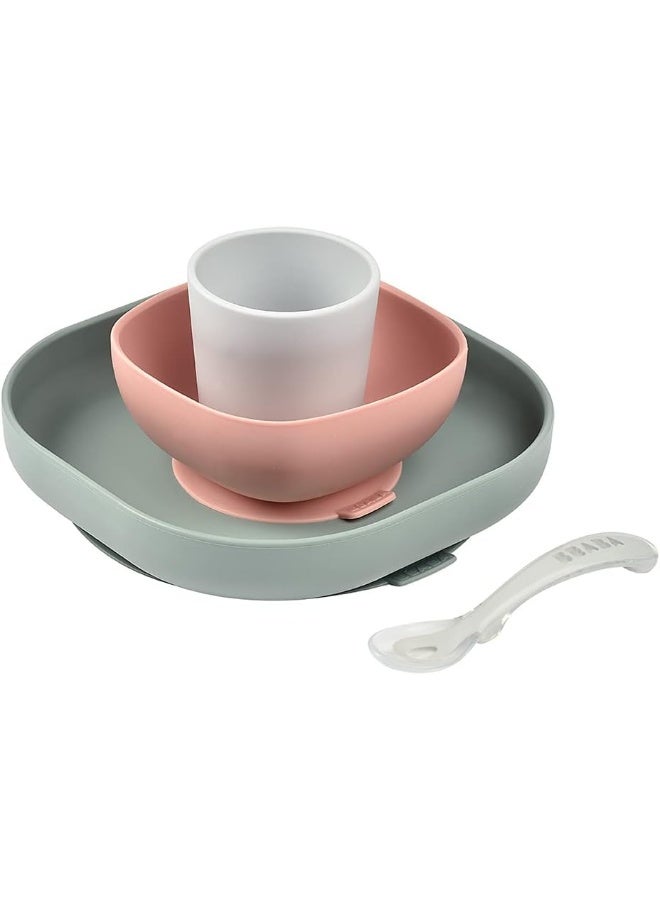 BEABA Béaba Silicone 4-Piece Dishware - 100% Silicone Baby Plate Set, Baby Bowls - Includes Baby Plate, Baby Bowl, Baby Cup, 2nd Stage Silicone Spoon, (Eucalyptus) - Image 1