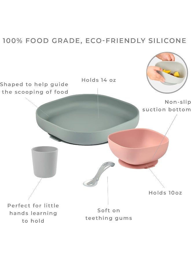 BEABA Béaba Silicone 4-Piece Dishware - 100% Silicone Baby Plate Set, Baby Bowls - Includes Baby Plate, Baby Bowl, Baby Cup, 2nd Stage Silicone Spoon, (Eucalyptus) - Image 2