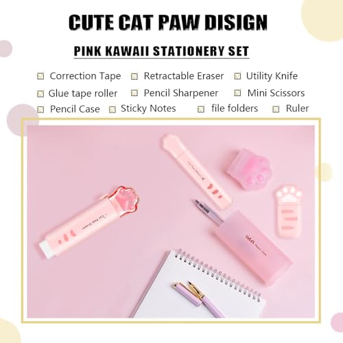 PANDENNER Cute Pink School Supplies, Kawaii Stationary Set, Japanese Stationery Birthday GIFS, Includes Pencil Sharpener,Eraser, Correction Tape, Ruler, Mini Scissors,Utility Knife, for Office Supplies - Image 2