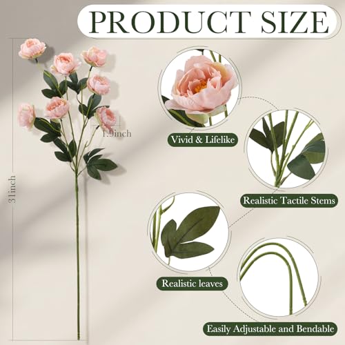 Craftsatin 6 Pcs 32" Large Pink Artificial Peonies Stems Flowers, Real Look Faux Silk Peony Bouquet 42 Heads Total for Vase Filler, Farmhouse Rustic Neutral Home Decor, Wedding Centerpieces - Image 3